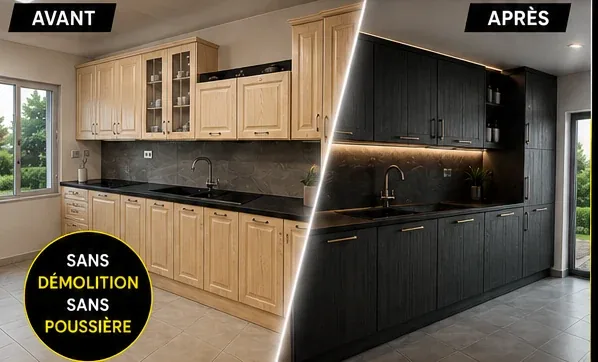 Cuisine en chêne clair transformée en cuisine noire mate grâce aux films adhésifs Cover Styl'.