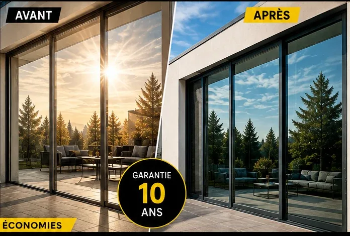 Comparaison d'une baie vitrée avant et après la pose d'un film anti-chaleur : la lumière reste, l'éblouissement disparaît.