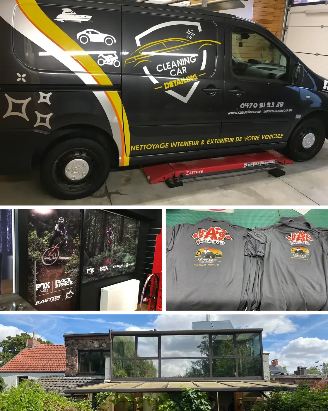 Quatre réalisations AMF Concept : covering intégral d'un utilitaire, impression grand format en magasin de vélos, polos floqués et véranda traitée anti-chaleur.