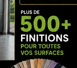 Nuancier Cover Styl' déployé en éventail montant les finitions bois, pierre, béton et métal.