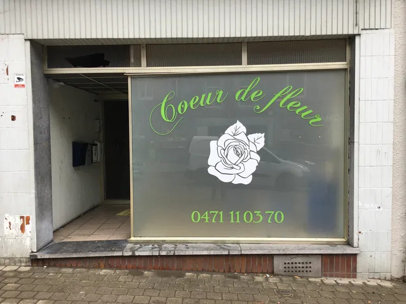 Vitrine de commerce dépolie avec logo floral et lettrage intégrés.